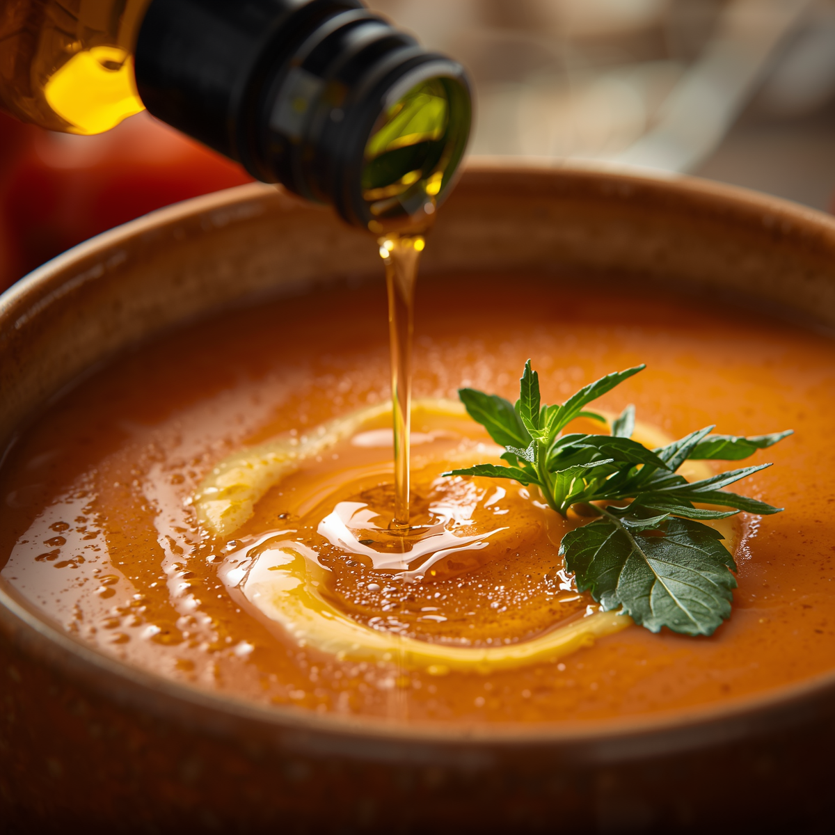 Premium olive oil being drizzled into a bowl of creamy tomato soup, golden oil swirling on surface, rustic ceramic bowl, garnished with herbs, warm lighting, professional food photography